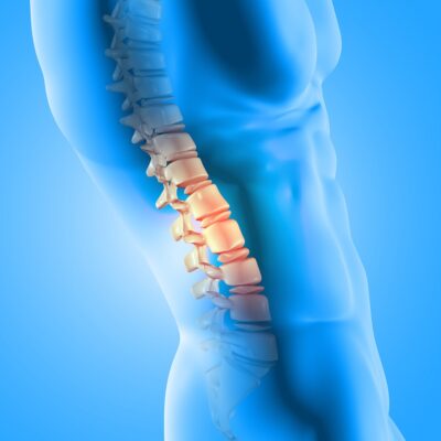 3D render of a male medical figure with spine highlighted